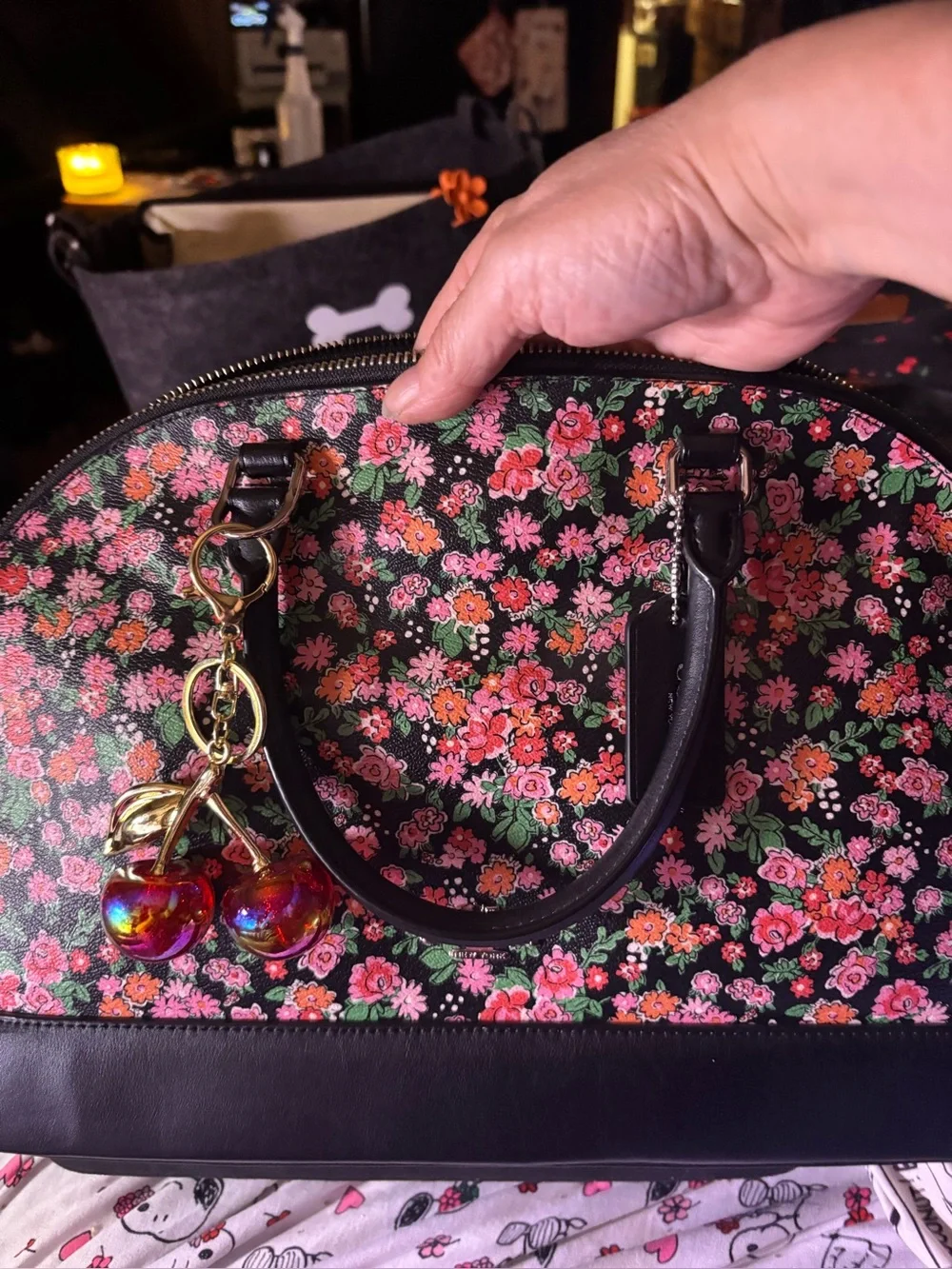 Coach Black Floral Dome Satchel with Pink and Green Bouquet Print